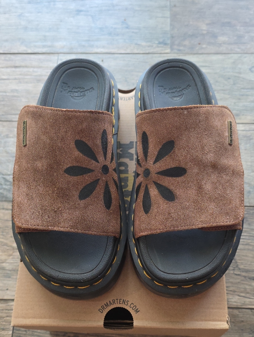 Dr. Martens Brown Suede Slide Sandals with Black Daisy Design